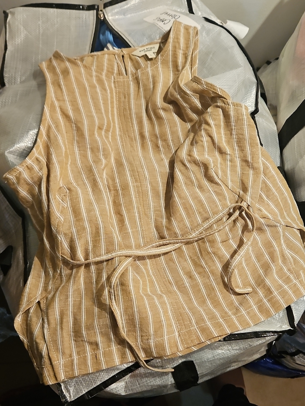 Max Studio Tan and White Striped Sleeveless Tie-Waist Cutout Tunic